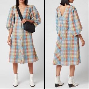 GANNI Seersucker Midi Puff Sleeve Dress